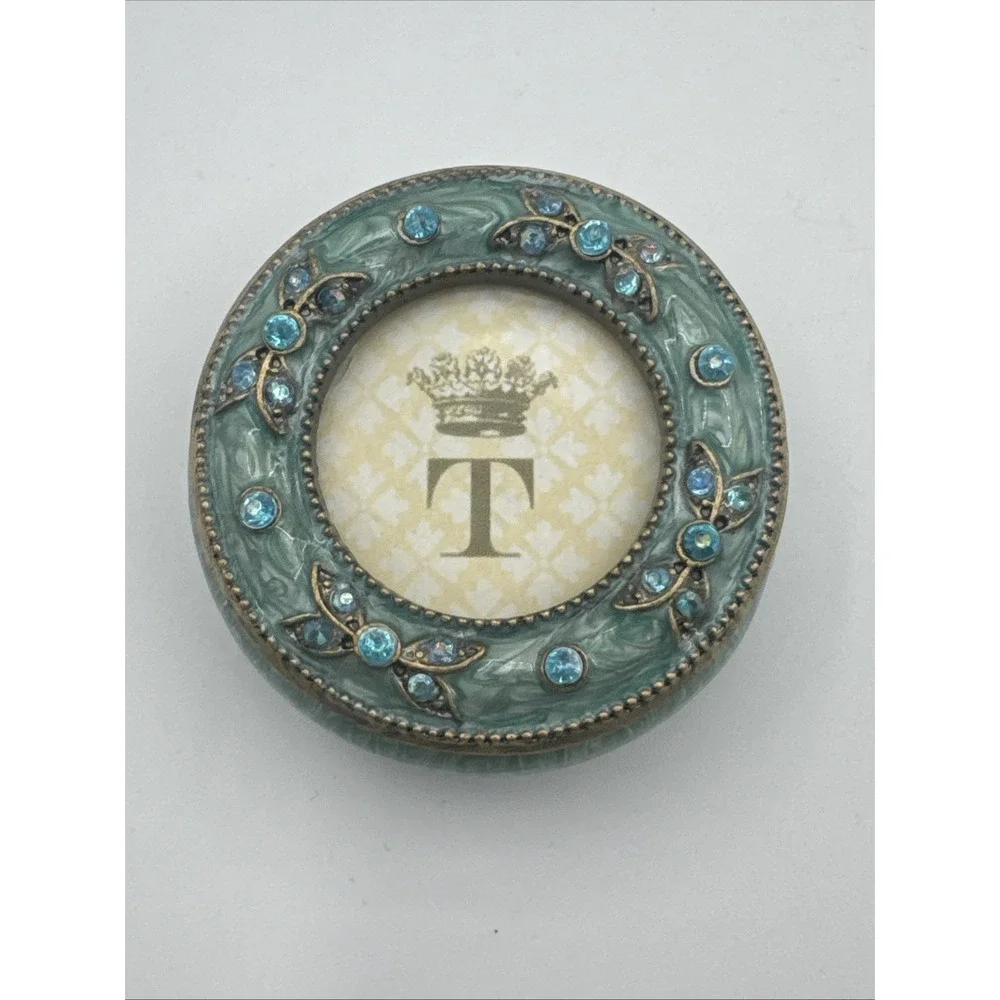 Bejeweled CYAN Blue Round Trinket Box Fairycore‎ Whimsical Dainty